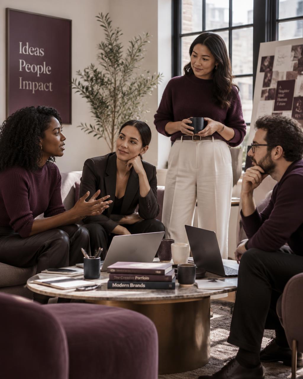 A diverse group of professionals collaborating in a warm, modern studio office with plum and cream tones