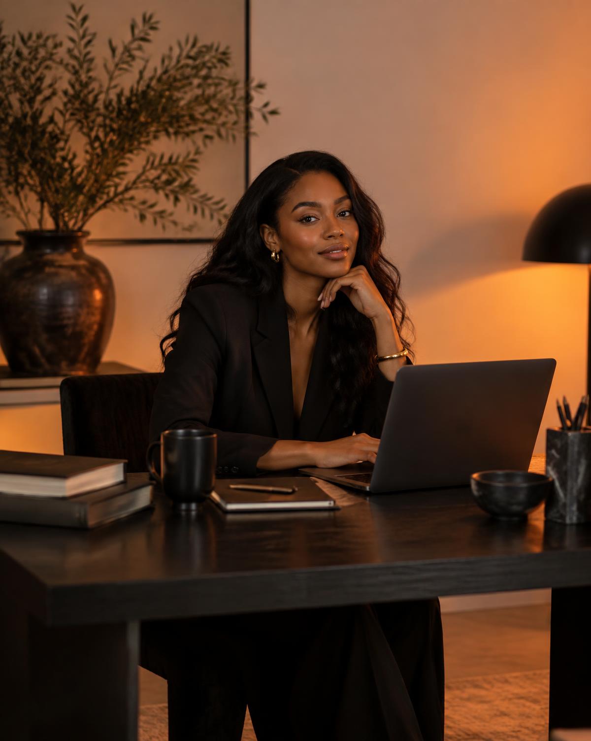 Entrepreneur working calmly at a desk in warm light